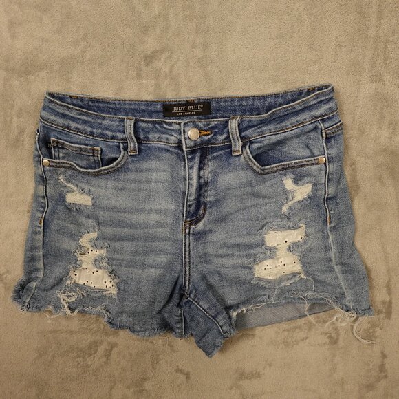 Judy Blue Pants - Judy Blue Shorts Eyelet Lace Patch Distressed Denim JB150042 Size L 4" Inseam